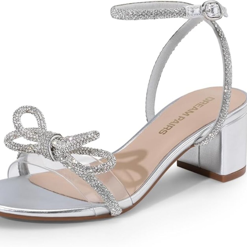 Women's Double Bowknots Crystal Sandals Low Chunky Heels Clear Slingback-NEW